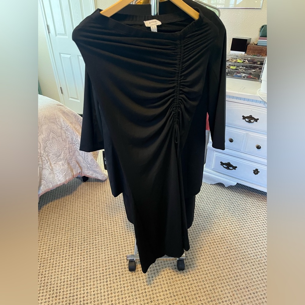 Privy Black Asymmetrical Ruched Maxi Skirt